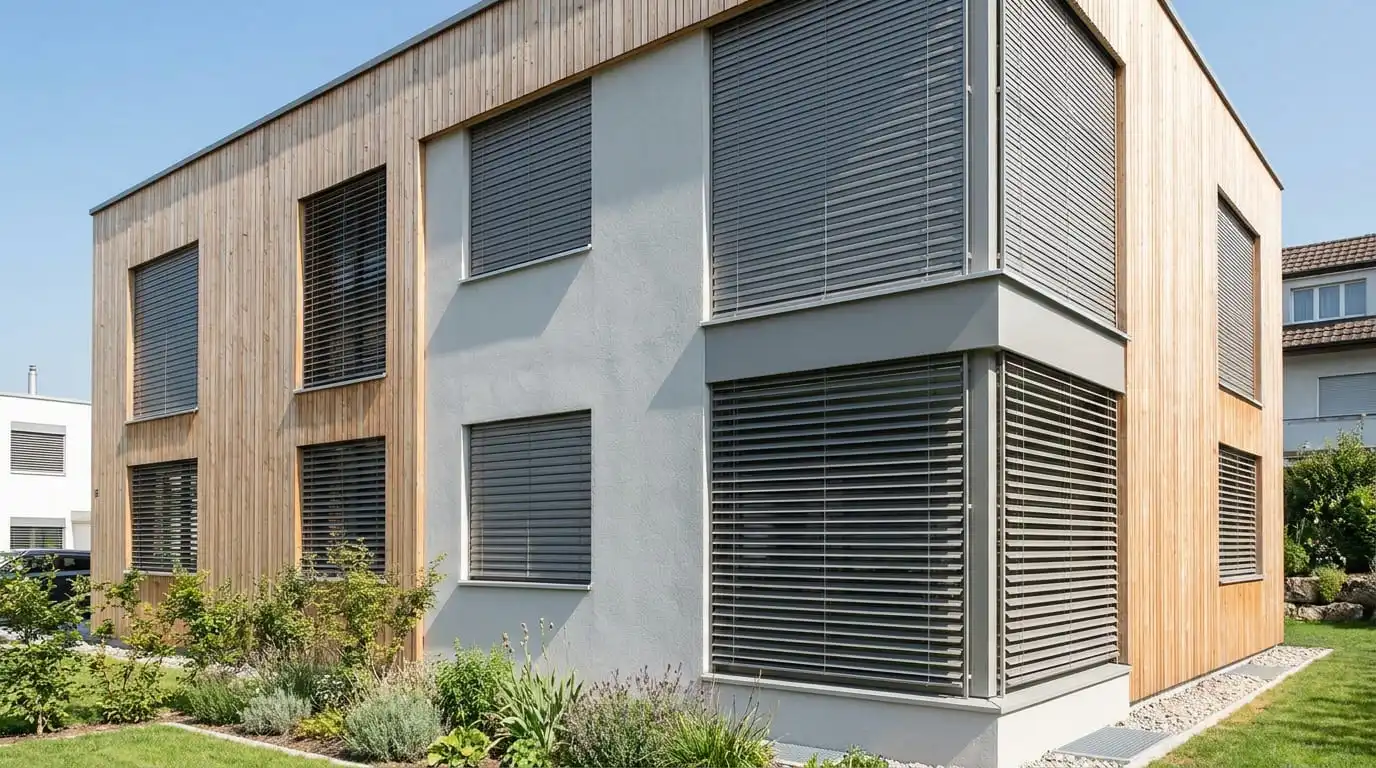 Architektonisch passende Lamellenstoren an einer modernen Schweizer Fassade.