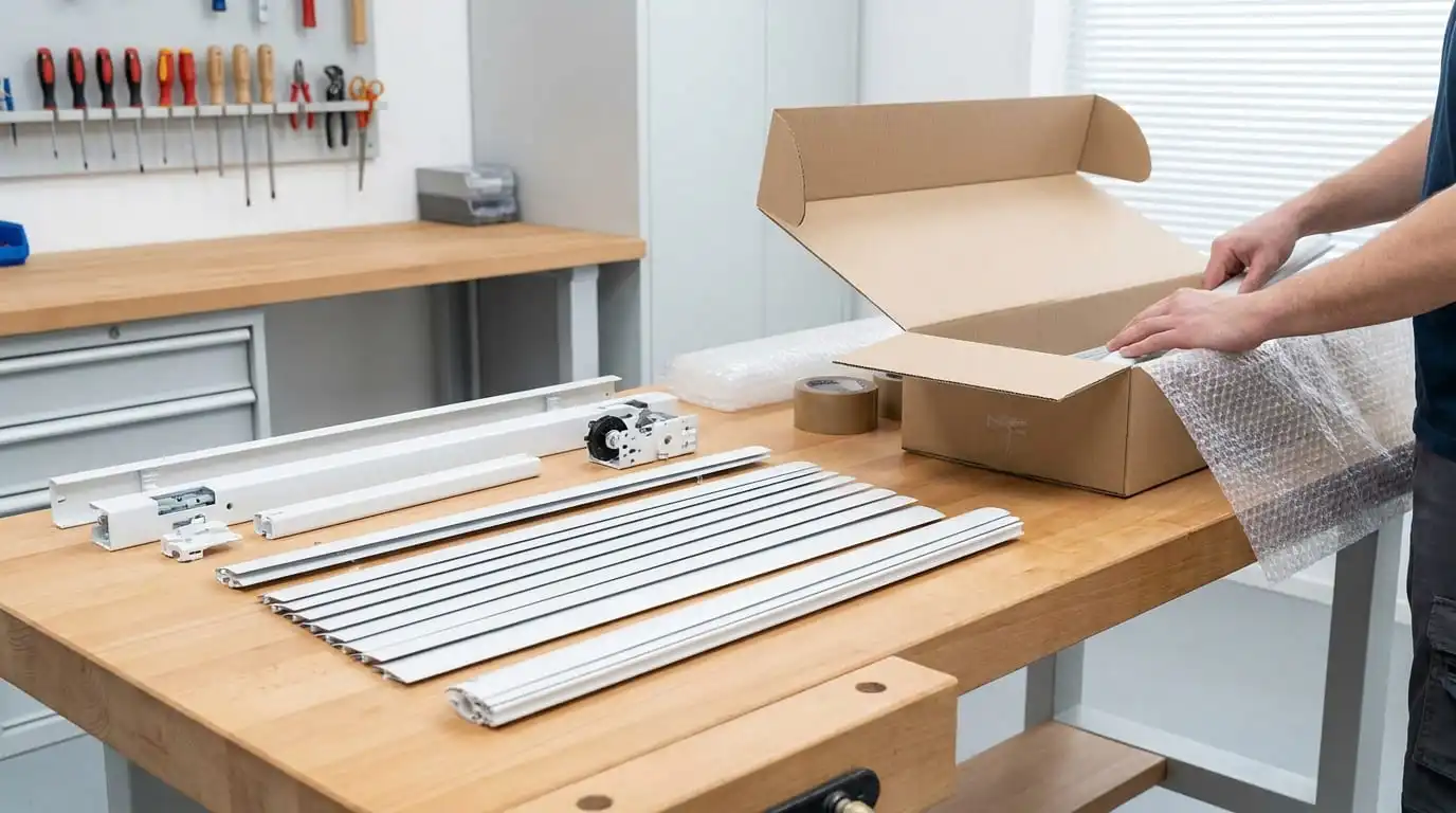 Demontierte Lamellenstoren werden für den Postservice in einer sauberen Werkstatt vorbereitet.