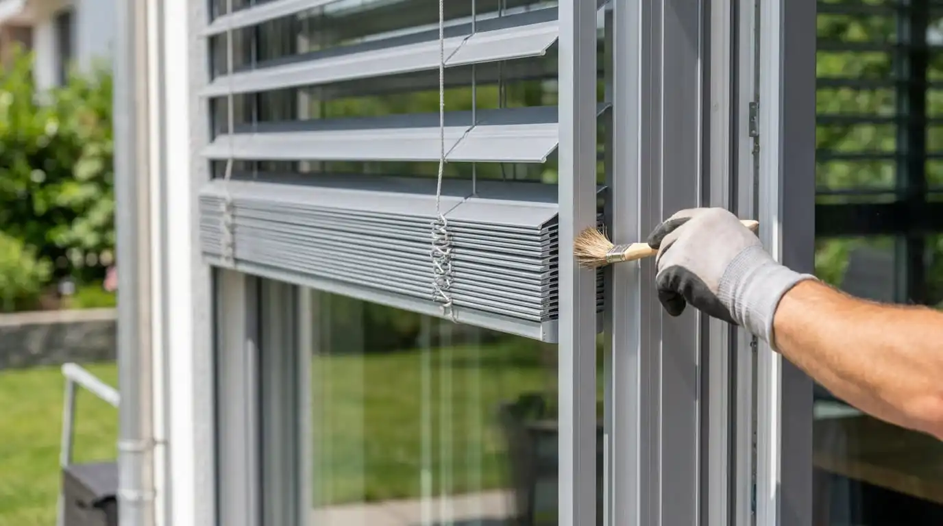 Service und Wartung an Lamellenstoren eines Schweizer Wohnhauses im Zürcher Oberland.
