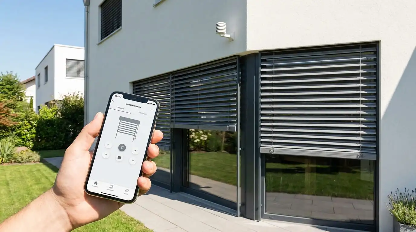 Motorisierte Lamellenstoren mit Smart Home Steuerung an einem Schweizer Wohnhaus.