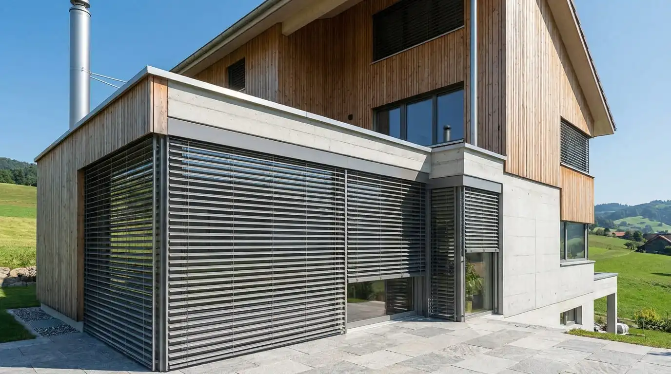 Modernes Schweizer Wohnhaus mit Lamellenstoren als Sonnenschutz im Zürcher Oberland.