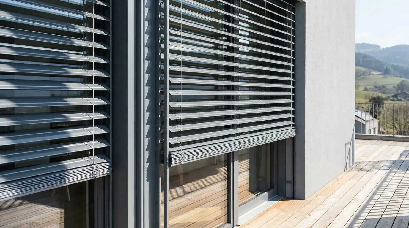 Moderne Lamellenstoren an einem Schweizer Wohnhaus mit sichtbarer Beschattungswirkung. Die grauen Lamellen werfen klare Schatten auf die Fassade und das Holzdeck und demonstrieren Licht-, Sicht- und Hitzeschutz.