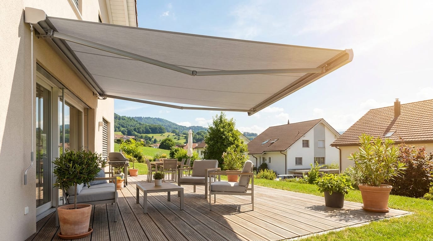 Sonnenstore über einer Terrasse eines Schweizer Wohnhauses mit angenehmer Beschattung.