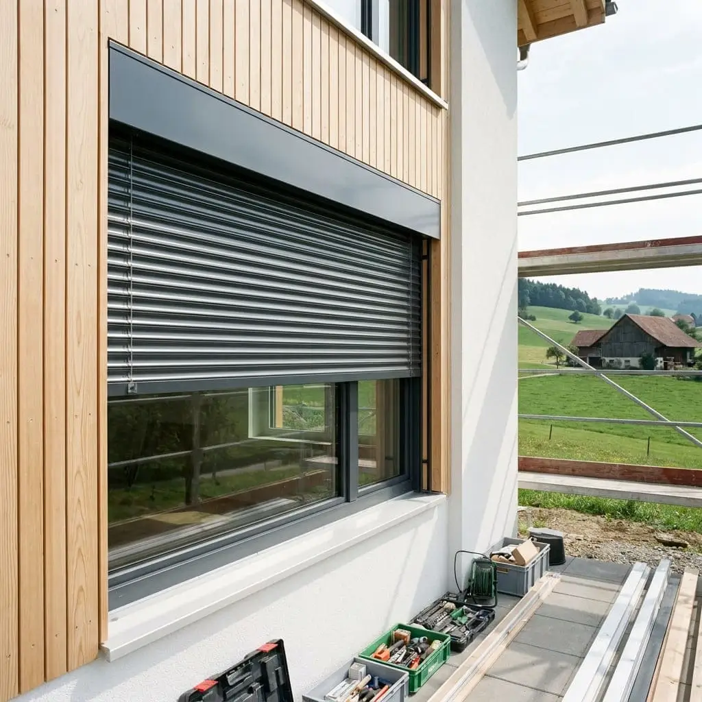 Neues Fenster mit sauber integriertem Rollladen an einem Schweizer Wohnhaus.