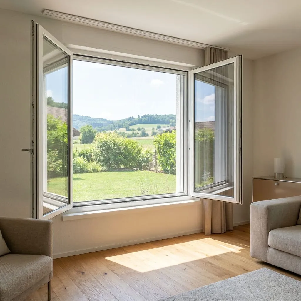 Passgenauer Insektenschutz-Spannrahmen an einem geöffneten Fenster.