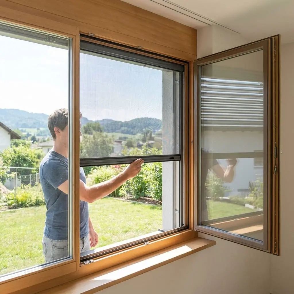 Insektenschutzrollo an einem geöffneten Fenster.