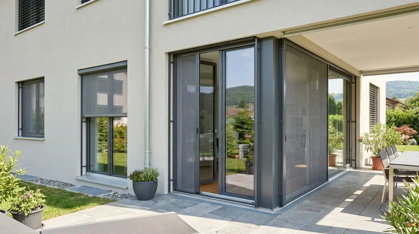 Aussenaufnahme eines modernen Schweizer Wohnhauses mit Terrasse an einem sonnigen Tag. Die Fassade zeigt gleichzeitig vier verschiedene Insektenschutzsysteme: Ein Spannrahmen am linken Fenster, ein teilweise heruntergezogenes Insektenschutzrollo am mittleren Fenster, ein teilweise geöffnetes Insektenschutzplissee an der Balkontür und eine grosse Insektenschutz-Schiebetür an der Glasfront über Eck. Alle Systeme haben anthrazitfarbene Rahmen.