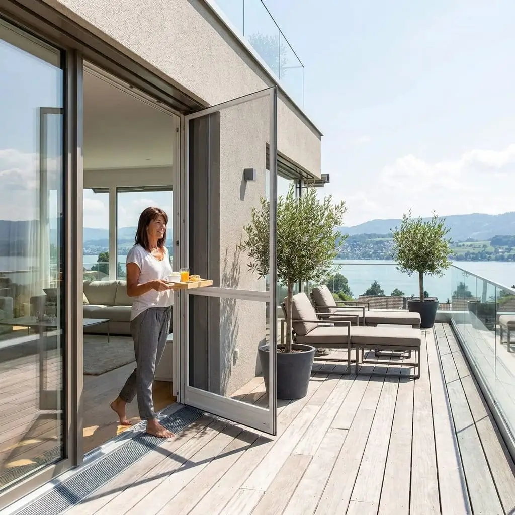Insektenschutz-Drehtür an einer geöffneten Terrassentür.