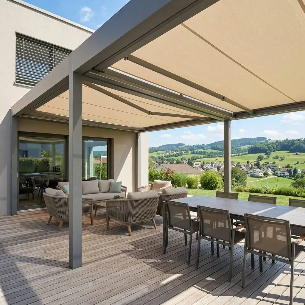 Pergola-Markise auf einer grossen Terrasse an einem Schweizer Wohnhaus.
