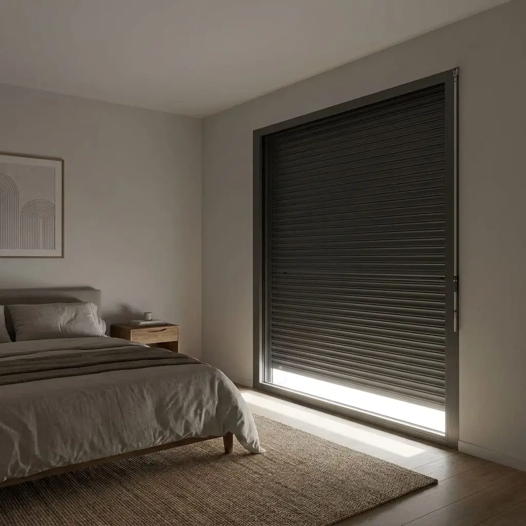 Geschlossener Rollladen verdunkelt ein Schlafzimmer in einem Schweizer Wohnhaus.