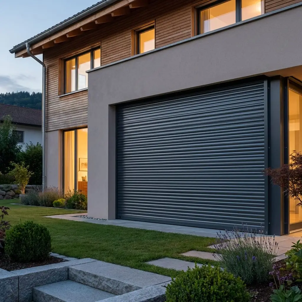 Geschlossener Sicherheitsrollladen schützt ein Erdgeschossfenster eines Schweizer Wohnhauses.