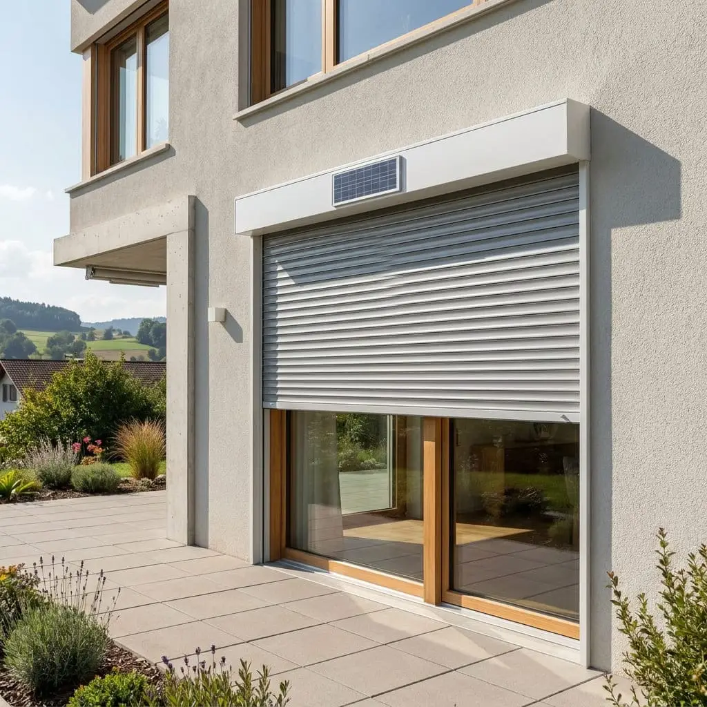 Aussenansicht eines modernen Schweizer Wohnhauses mit einem teilweise geschlossenen grauen Solar-Rollladen. Ein kleines, rechteckiges Solarmodul zur Stromversorgung ist direkt in den weissen Rollladenkasten über dem Fenster integriert. Die Umgebung zeigt eine gepflegte Terrasse und regionale Landschaft bei sonnigem Wetter.