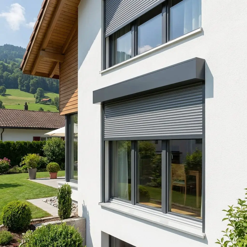 Vorbaurollladen an einem bestehenden Schweizer Wohnhaus.