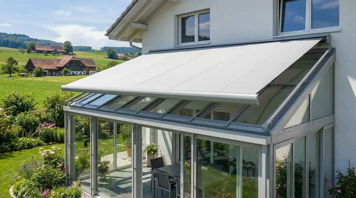 Aufglasmarkise als externer Hitzeschutz für Wintergärten in Bäretswil, im Zürcher Oberland und im Tösstal.