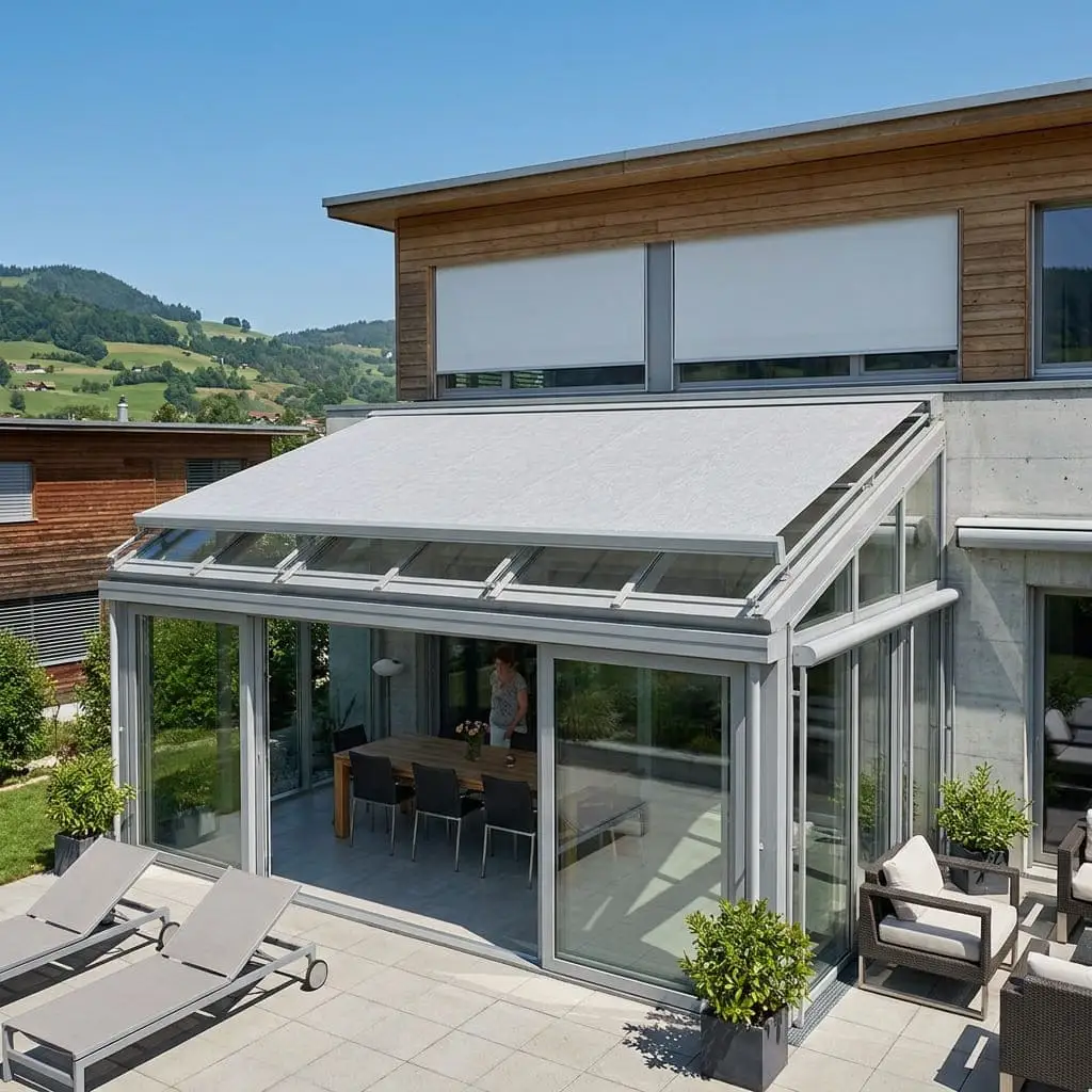 Wintergartenmarkise über einem Glasdach an einem Schweizer Wohnhaus.