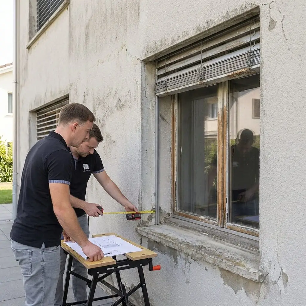 Marc Lüdi und ein Mitarbeiter vermessen ein altes Fenster mit beschädigter Lamellenstore zur Vorbereitung des Fensterwechsels.