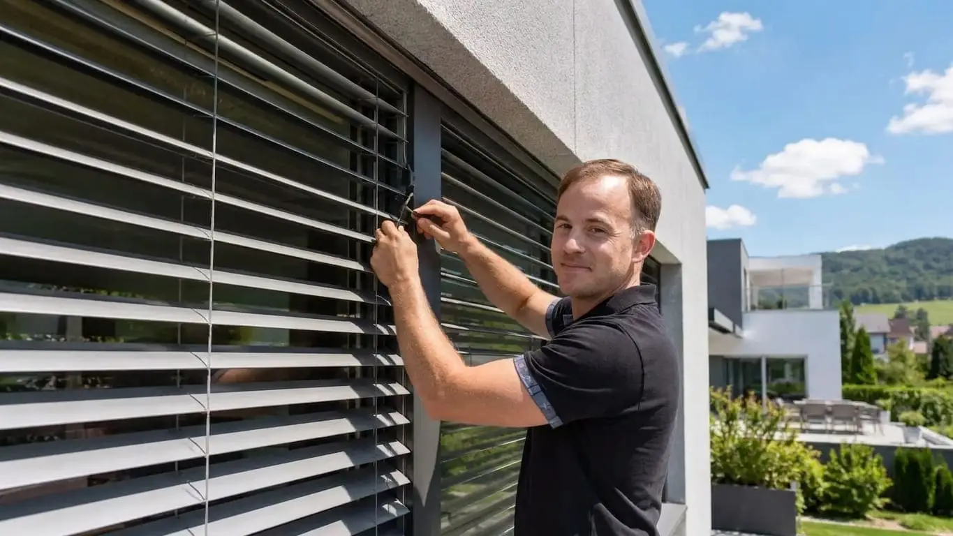 Marc Lüdi bei einer Lamellenstoren-Reparatur an einem Wohnhaus: Er kontrolliert Lamellen, Aufzugsbänder und Führung der Store.