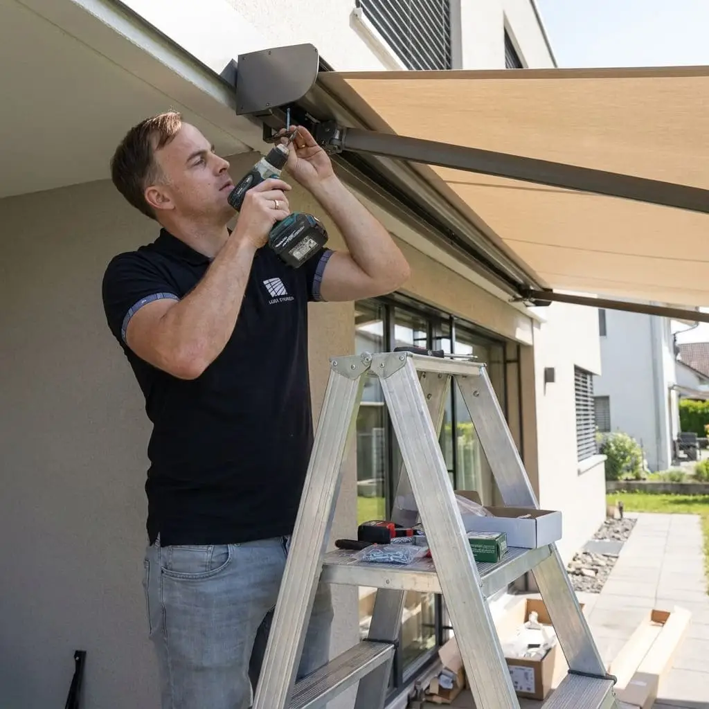 Marc Lüdi montiert eine neue Store an einem Schweizer Einfamilienhaus.