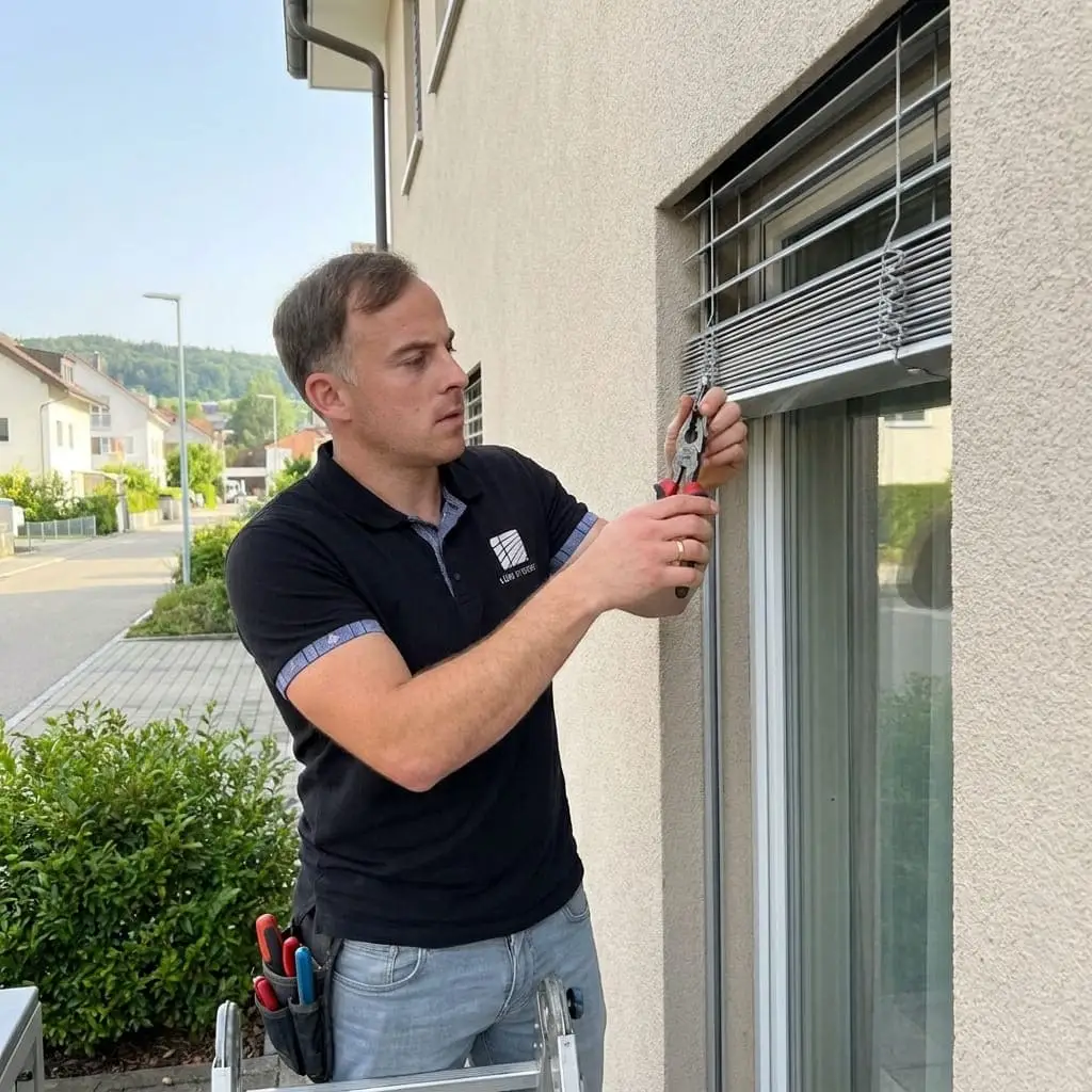 Marc Lüdi repariert eine defekte Lamellenstore und kontrolliert ihre mechanischen Bauteile.