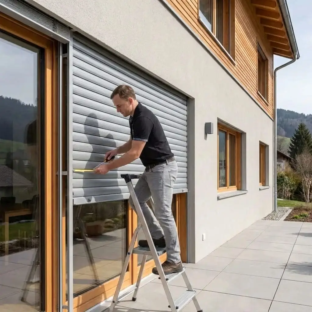 Fachperson repariert einen Rollladen an einem Schweizer Wohnhaus.