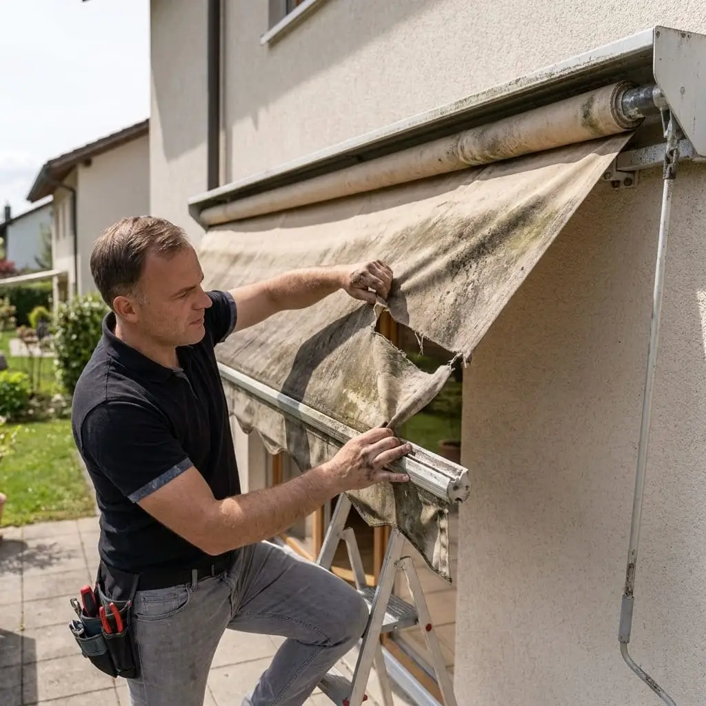 Neuer Markisenstoff wird auf eine bestehende Sonnenstore montiert.