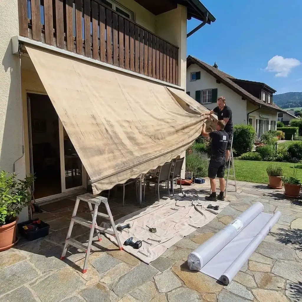 Zwei Handwerker bei der Demontage des alten, verschmutzten Storenstoffs einer grossen Sonnenstore auf einer Terrasse. Neues Tuch liegt bereit.