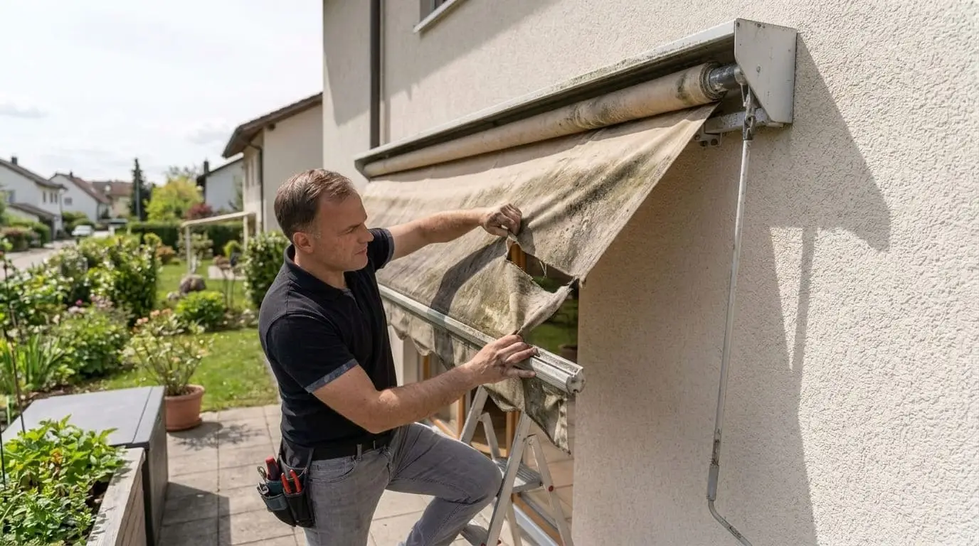 Marc Lüdi entfernt den beschädigten Stoff einer Sonnenstore und bereitet die Anlage für einen fachgerechten Stoffersatz vor.